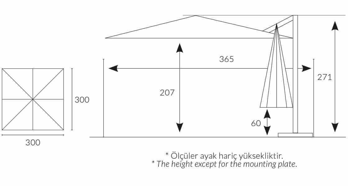 Mykonos Yandan Gövdeli Ayarlı Şemsiye 3x3